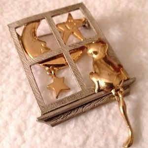 3/$30 Kitty cat IN window moon stars pin brooch